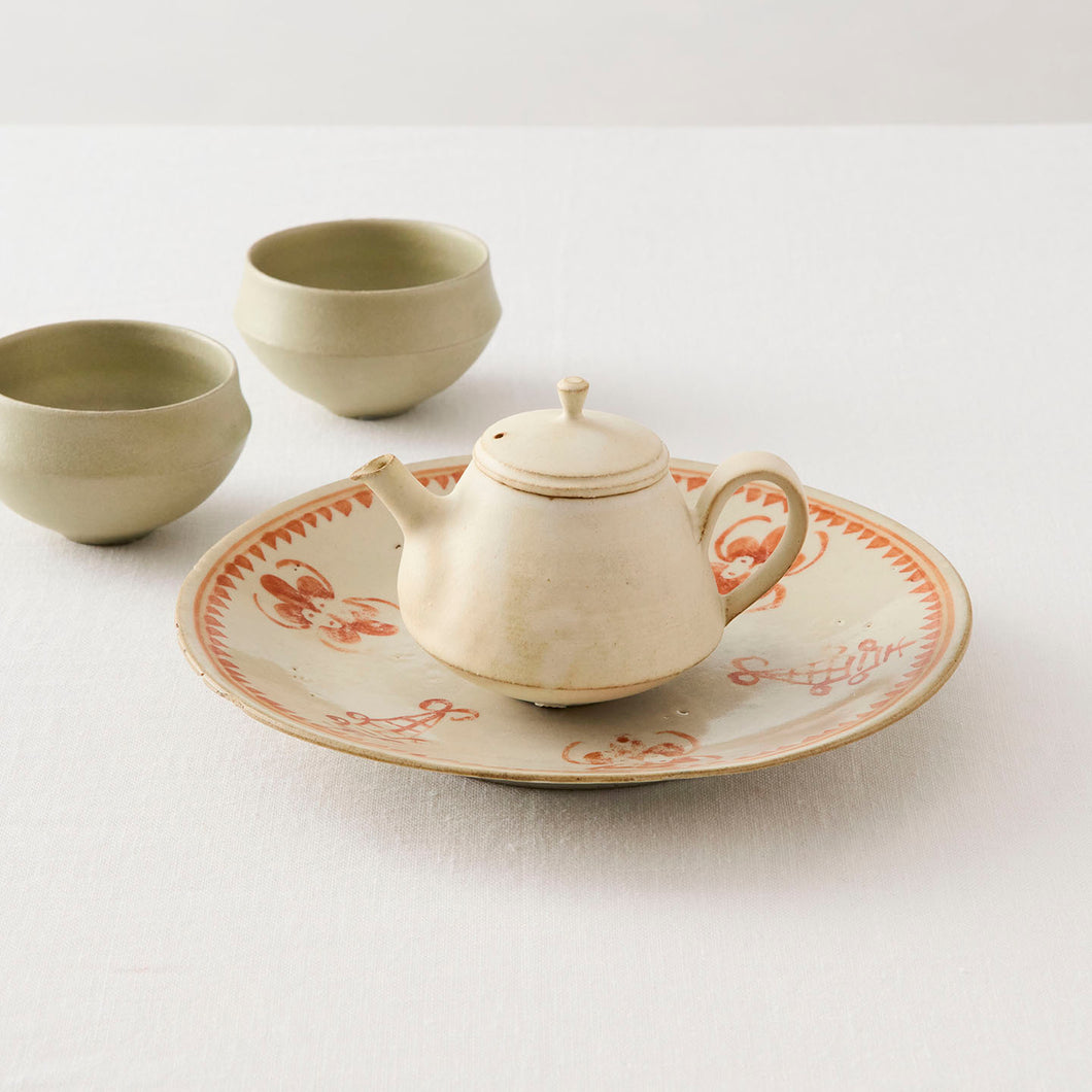 昭和レトロ 古陶 茶器セット 盆付 籐取手 民芸陶器 堀込洞窟松紋彫　煎茶道具 蓋付茶器揃 金花詰/幸洋窯